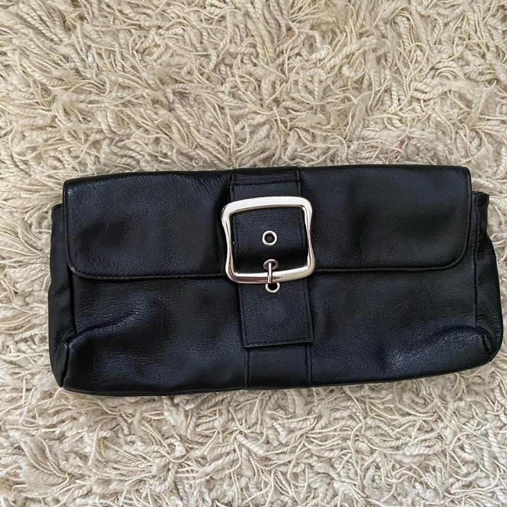 Women's Black Genuine Leather Buckle Closure Clutch Wallet Purse